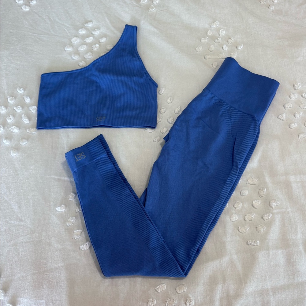 SET Active Ribbed One-Shoulder Sports Bra & High-Waist Leggings Set in Blue